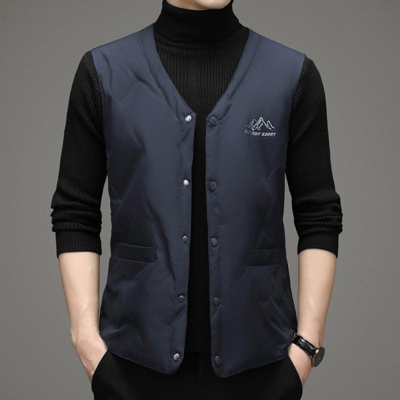 Ανδρικό γιλέκο με γέμισμα από πούπουλα για τον χειμώνα, χωρίς μανίκια, V-λαιμό, μονόμπροχο κούμπωμα, επένδυση πολυεστέρα