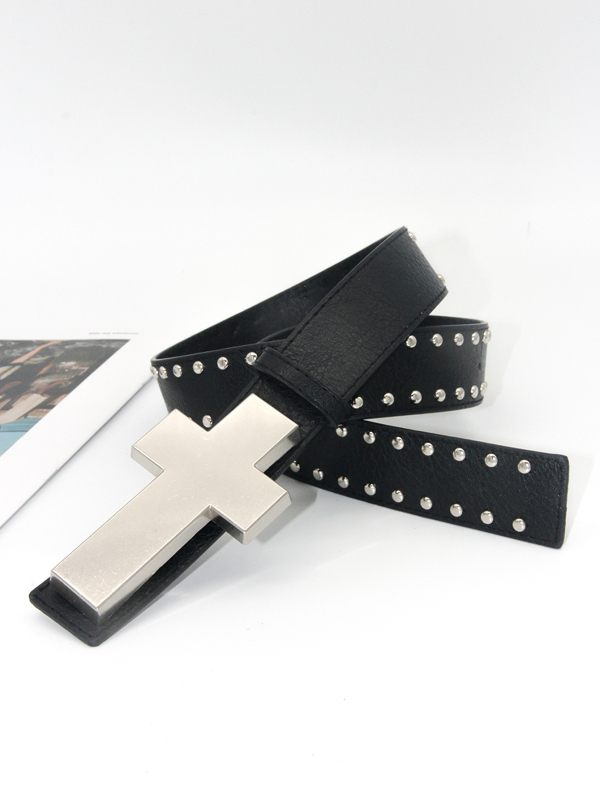 PU bőr kereszt mintás öv szegecses kivitel, alumínium ötvözet csattal, lemezes zárás, punk/egyéniséges/sötét stílus, szegecses díszítés