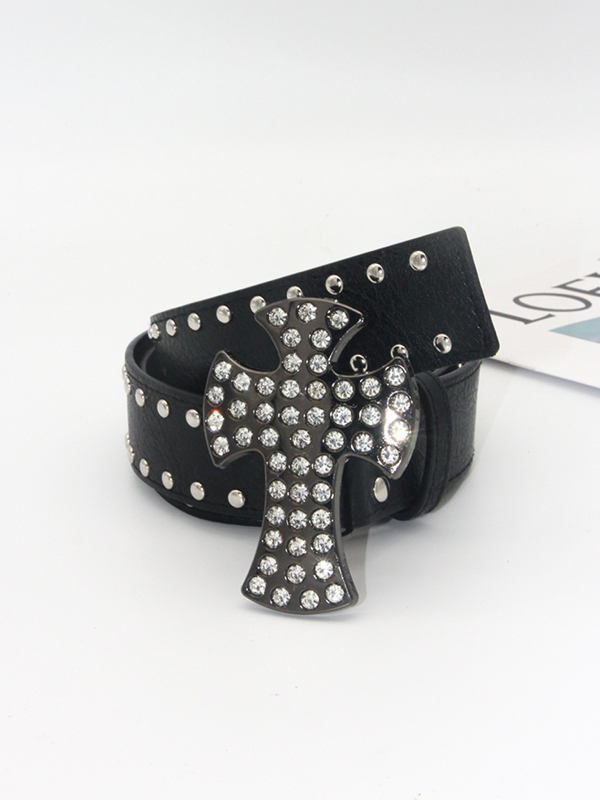 PU bőr kereszt mintás öv szegecses kivitel, alumínium ötvözet csattal, lemezes zárás, punk/egyéniséges/sötét stílus, szegecses díszítés