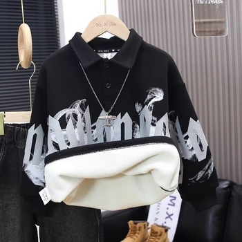 Dječja dukserica s fleece unutarnjom podstavom, dugi rukavi, bez kapulje, debeli pamukasti materijal, tisk slova, za djecu 8+ godina (otprilike 140 cm)