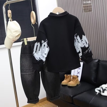 Dječja dukserica s fleece unutarnjom podstavom, dugi rukavi, bez kapulje, debeli pamukasti materijal, tisk slova, za djecu 8+ godina (otprilike 140 cm)