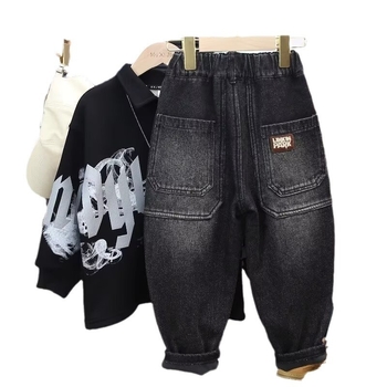 Dječja dukserica s fleece unutarnjom podstavom, dugi rukavi, bez kapulje, debeli pamukasti materijal, tisk slova, za djecu 8+ godina (otprilike 140 cm)