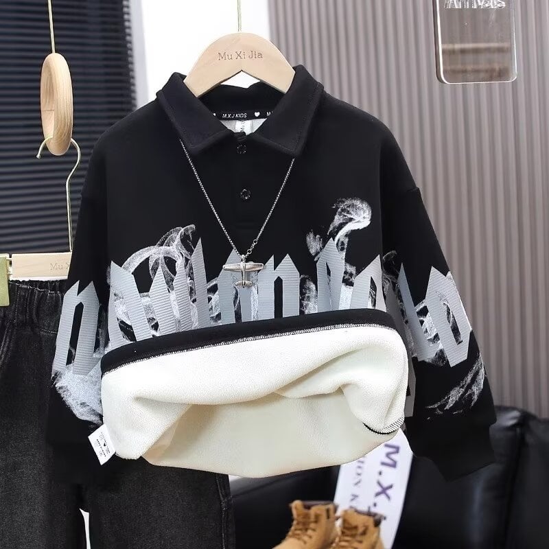 Dječja dukserica s fleece unutarnjom podstavom, dugi rukavi, bez kapulje, debeli pamukasti materijal, tisk slova, za djecu 8+ godina (otprilike 140 cm)