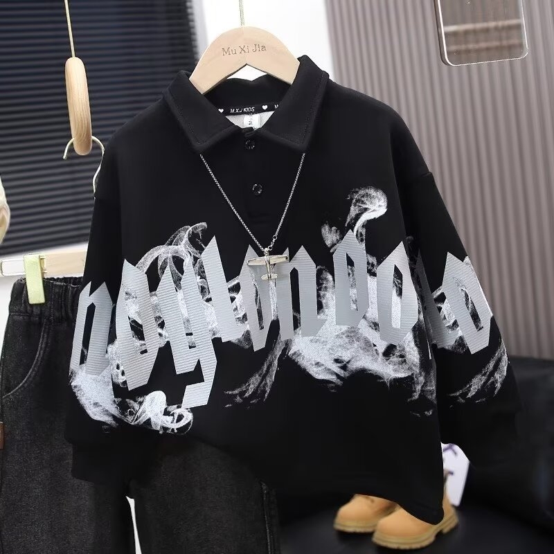 Dječja dukserica s fleece unutarnjom podstavom, dugi rukavi, bez kapulje, debeli pamukasti materijal, tisk slova, za djecu 8+ godina (otprilike 140 cm)