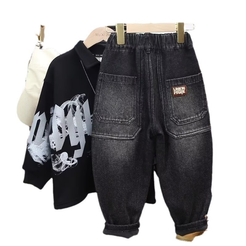 Dječja dukserica s fleece unutarnjom podstavom, dugi rukavi, bez kapulje, debeli pamukasti materijal, tisk slova, za djecu 8+ godina (otprilike 140 cm)