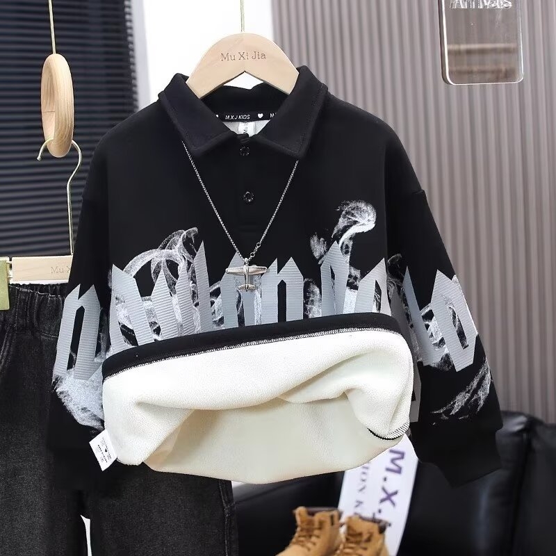 Dječja dukserica s fleece unutarnjom podstavom, dugi rukavi, bez kapulje, debeli pamukasti materijal, tisk slova, za djecu 8+ godina (otprilike 140 cm)