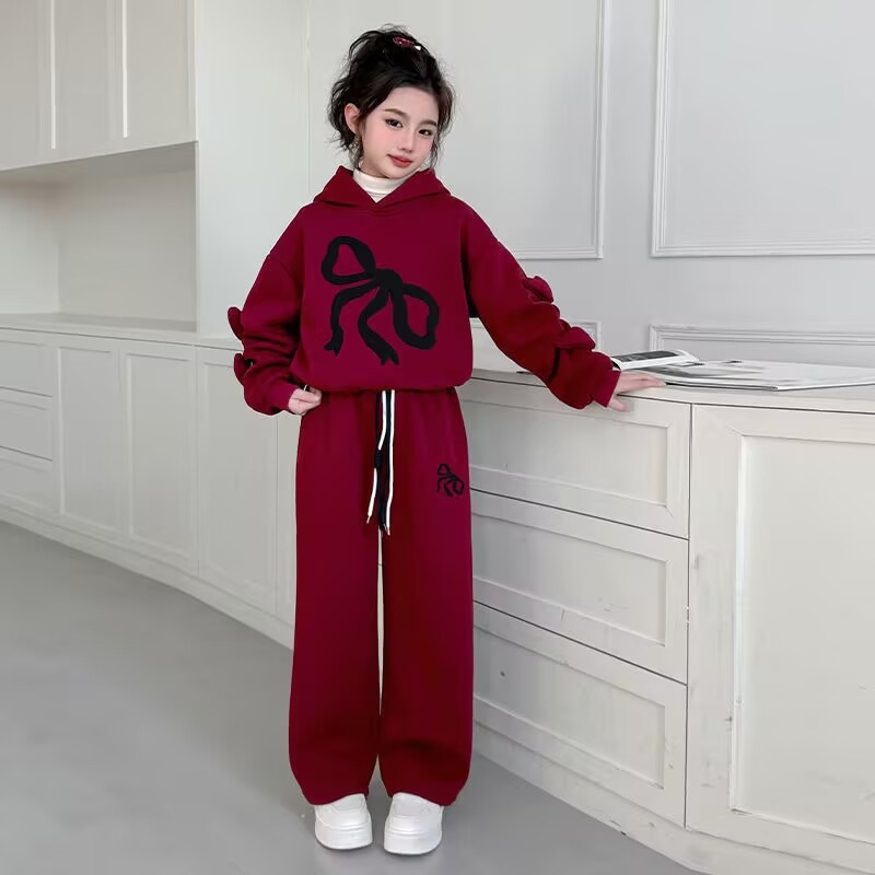 Dječji zimski dvodijelni komplet s kapuljačom: hoodie i široke hlače, debeli fleece, 95% poliester