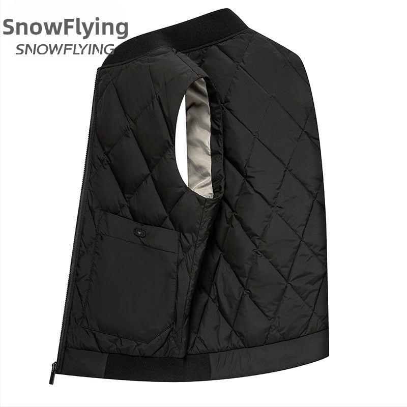 Muška down vesta za zimu, labav kroj, punjenje od bijelog patčinog perja, debela izrada, zatvarač, srednje dužine, tkanina od 100% poliestera