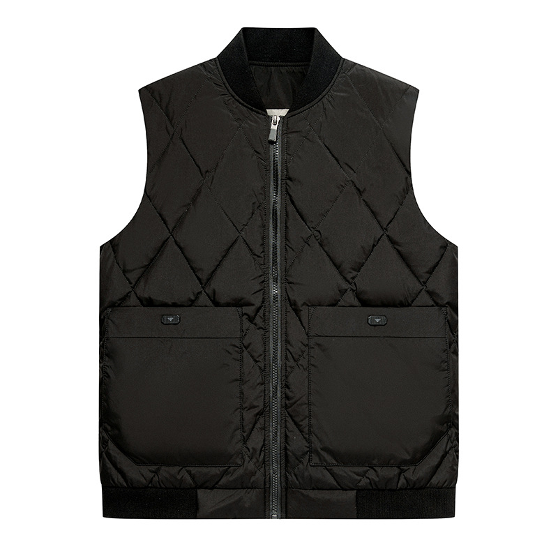 Muška down vesta za zimu, labav kroj, punjenje od bijelog patčinog perja, debela izrada, zatvarač, srednje dužine, tkanina od 100% poliestera