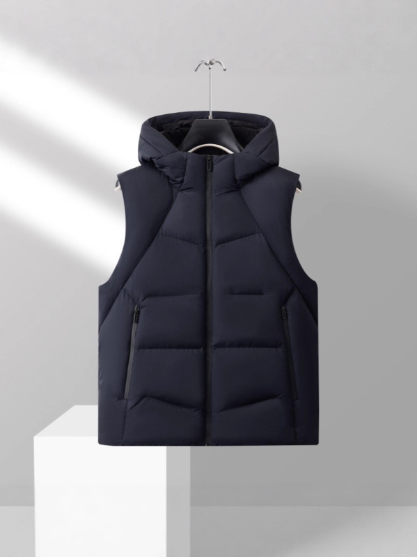 Muška down vesta s kapuljom, sadržaj perja 86–90%, otporna na vjetar, izolacija od hladnoće (-20°C do -5°C)
