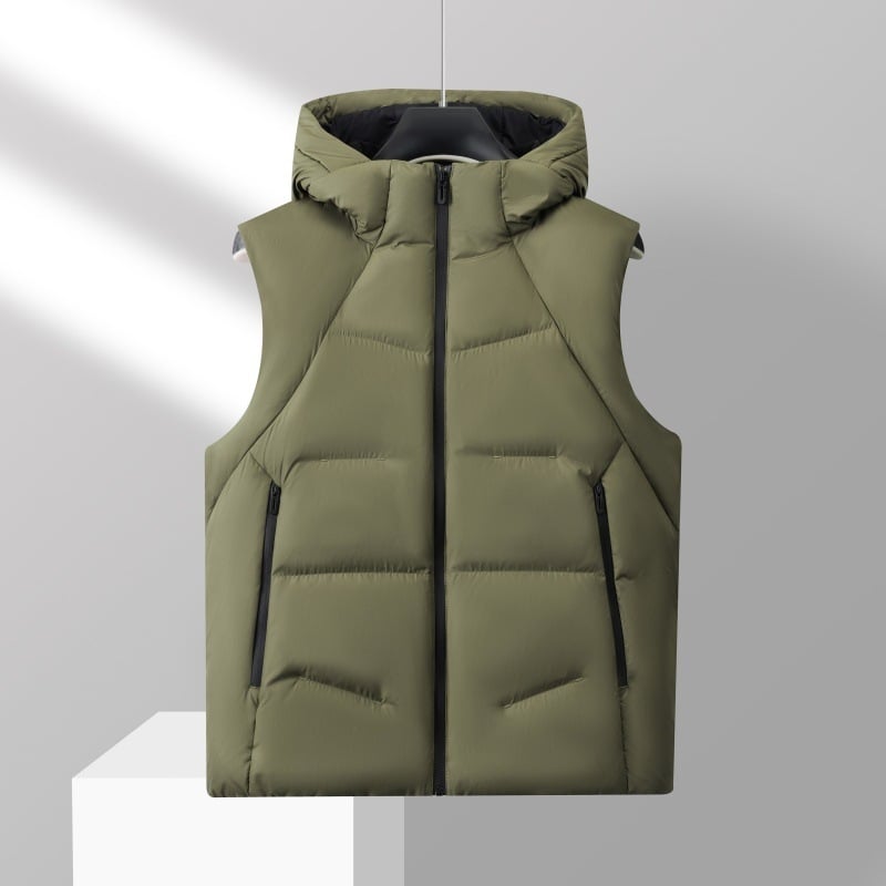 Muška down vesta s kapuljom, sadržaj perja 86–90%, otporna na vjetar, izolacija od hladnoće (-20°C do -5°C)