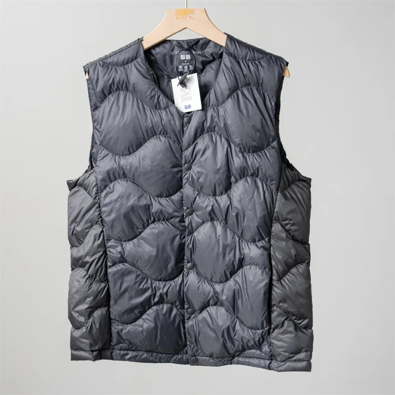 Muško lagano vesto s perjem s V izrezom, bez kapuljače, poliester tkanina, punjenje od bijelog patka