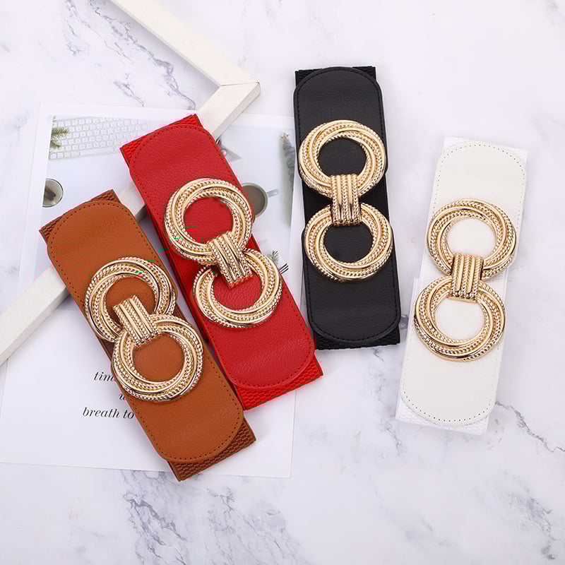 Рокля за външен стил с широко еластично коланче, имитирана кожа, катарама от сплав, закопчаване с копче, дебел колан над 4 см, електроплакиране