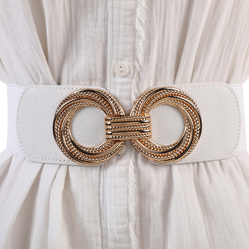 Рокля за външен стил с широко еластично коланче, имитирана кожа, катарама от сплав, закопчаване с копче, дебел колан над 4 см, електроплакиране