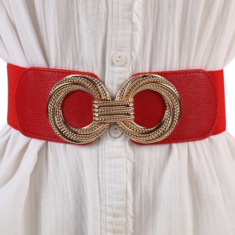 Рокля за външен стил с широко еластично коланче, имитирана кожа, катарама от сплав, закопчаване с копче, дебел колан над 4 см, електроплакиране