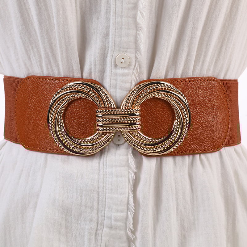 Рокля за външен стил с широко еластично коланче, имитирана кожа, катарама от сплав, закопчаване с копче, дебел колан над 4 см, електроплакиране