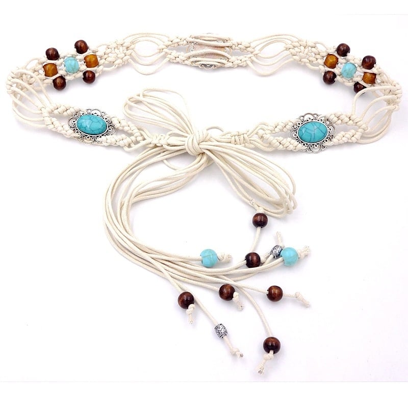 Дамски колан за талия, ръчно тъкана, бохо стил; Материал: памук и лен; Катарама: сплав; Ширина: тънък (<2 см); Метод на закопчаване: катарама; Ръчно бродирани мъниста