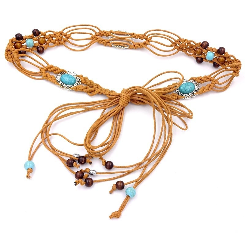 Дамски колан за талия, ръчно тъкана, бохо стил; Материал: памук и лен; Катарама: сплав; Ширина: тънък (<2 см); Метод на закопчаване: катарама; Ръчно бродирани мъниста