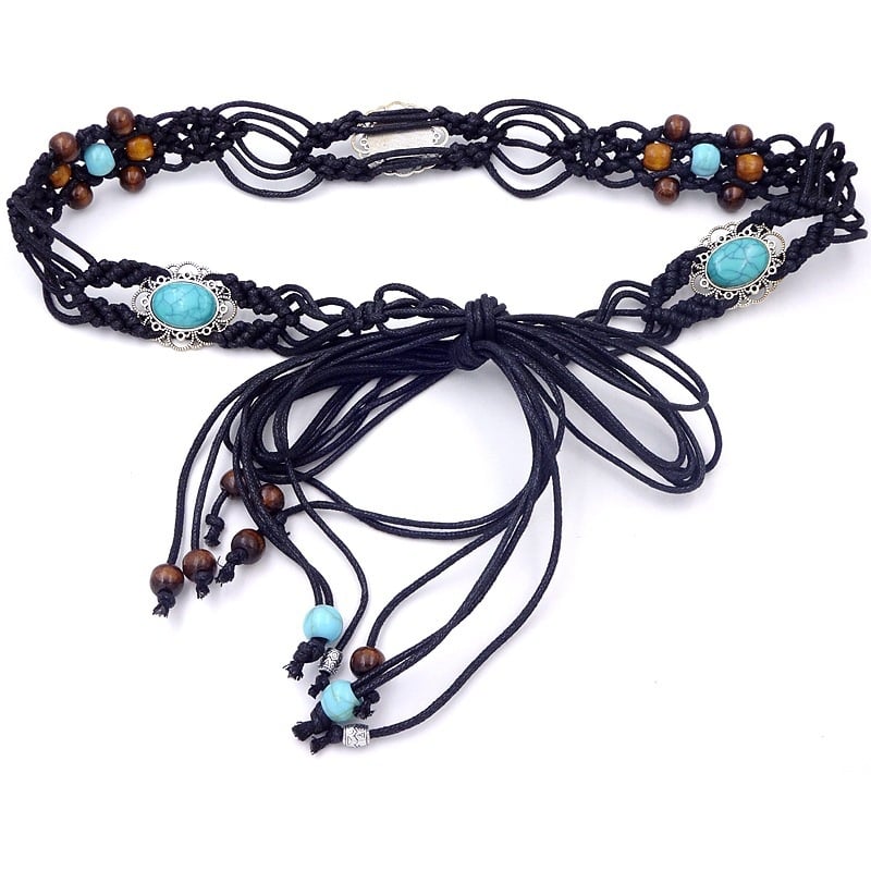 Дамски колан за талия, ръчно тъкана, бохо стил; Материал: памук и лен; Катарама: сплав; Ширина: тънък (<2 см); Метод на закопчаване: катарама; Ръчно бродирани мъниста