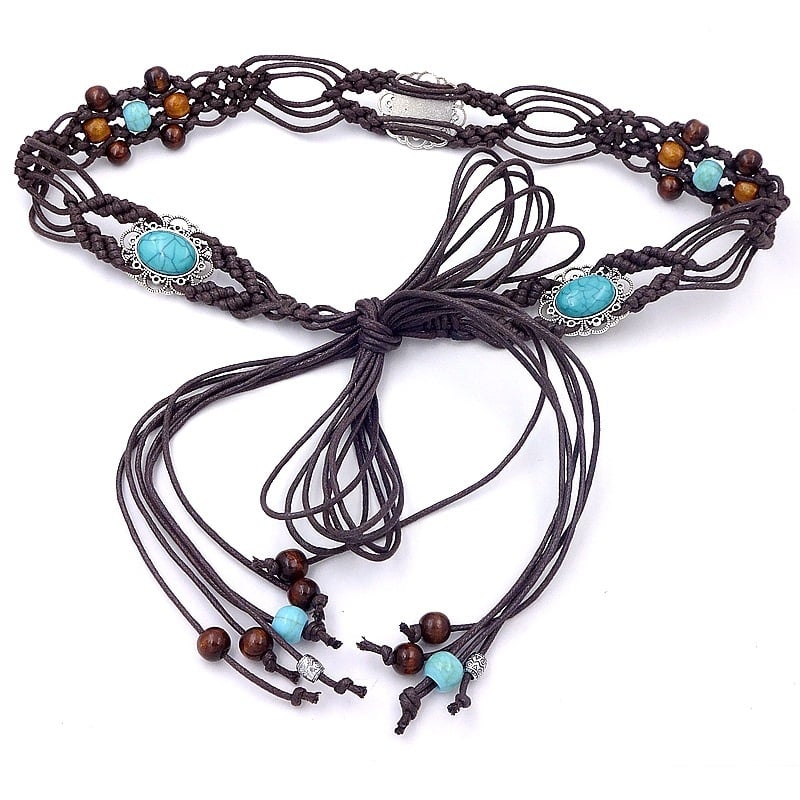 Дамски колан за талия, ръчно тъкана, бохо стил; Материал: памук и лен; Катарама: сплав; Ширина: тънък (<2 см); Метод на закопчаване: катарама; Ръчно бродирани мъниста