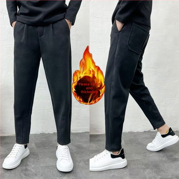 Muške casual hlače s flis podstavom, opušten kroj ravnih nogavica, zima, srednji pojas, duljina 9/10, poliester 100%