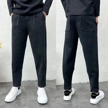 Muške casual hlače s flis podstavom, opušten kroj ravnih nogavica, zima, srednji pojas, duljina 9/10, poliester 100%