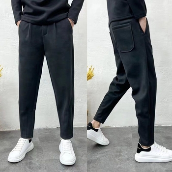 Muške casual hlače s flis podstavom, opušten kroj ravnih nogavica, zima, srednji pojas, duljina 9/10, poliester 100%