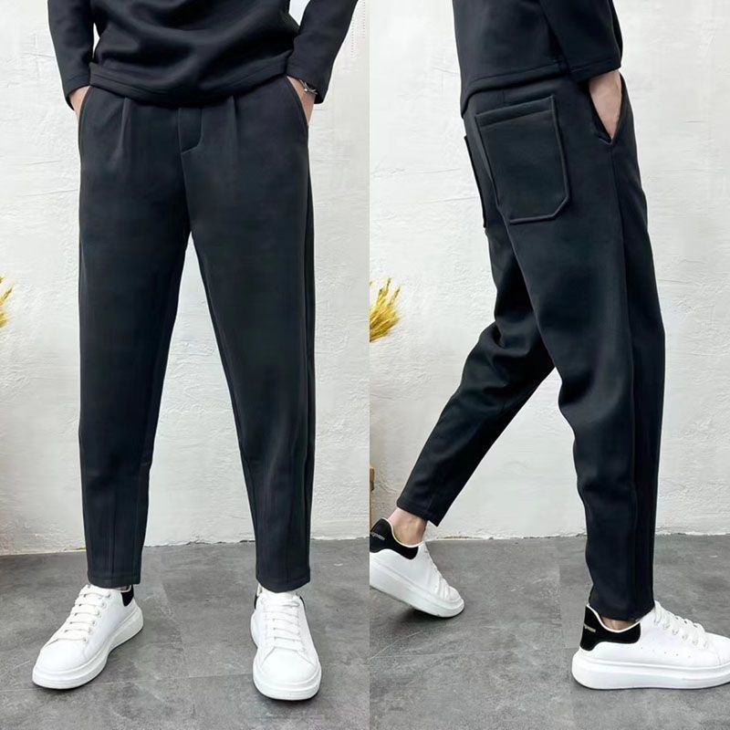 Muške casual hlače s flis podstavom, opušten kroj ravnih nogavica, zima, srednji pojas, duljina 9/10, poliester 100%