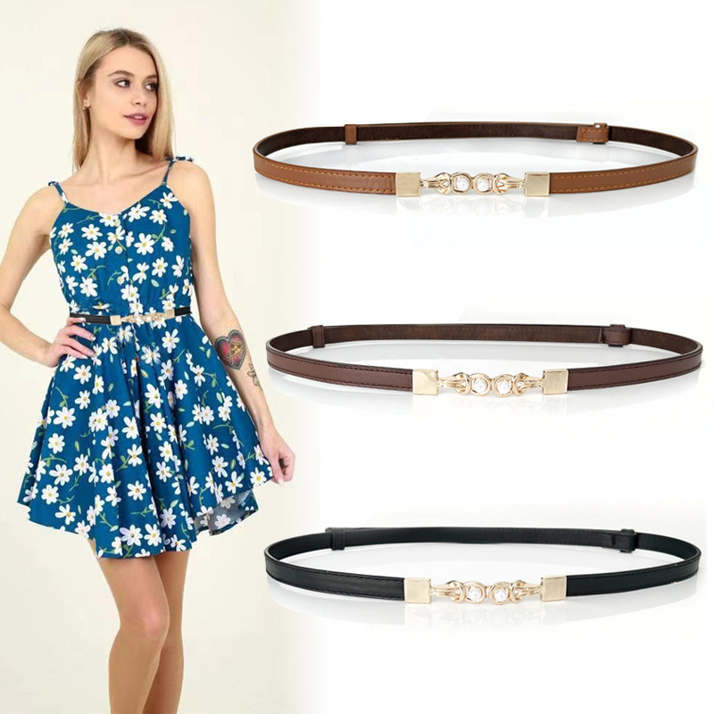 Ženski uski pojas s perlnom kopčom - podesivi PU koža, aluminijska kopča, perljasti uzorak