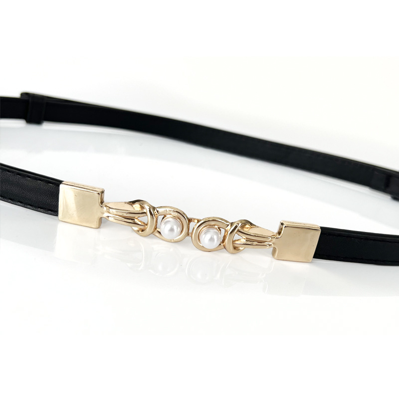 Ženski uski pojas s perlnom kopčom - podesivi PU koža, aluminijska kopča, perljasti uzorak