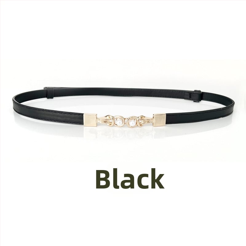 Ženski uski pojas s perlnom kopčom - podesivi PU koža, aluminijska kopča, perljasti uzorak