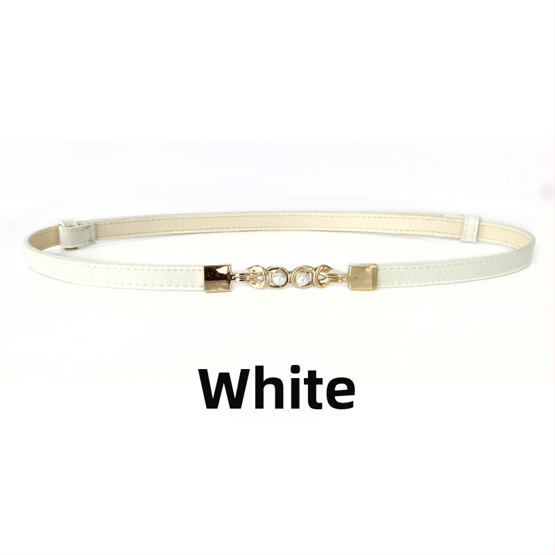 Ženski uski pojas s perlnom kopčom - podesivi PU koža, aluminijska kopča, perljasti uzorak