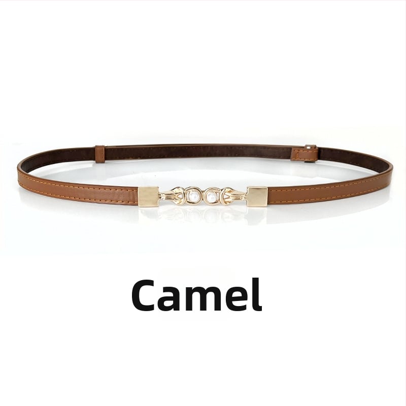 Ženski uski pojas s perlnom kopčom - podesivi PU koža, aluminijska kopča, perljasti uzorak