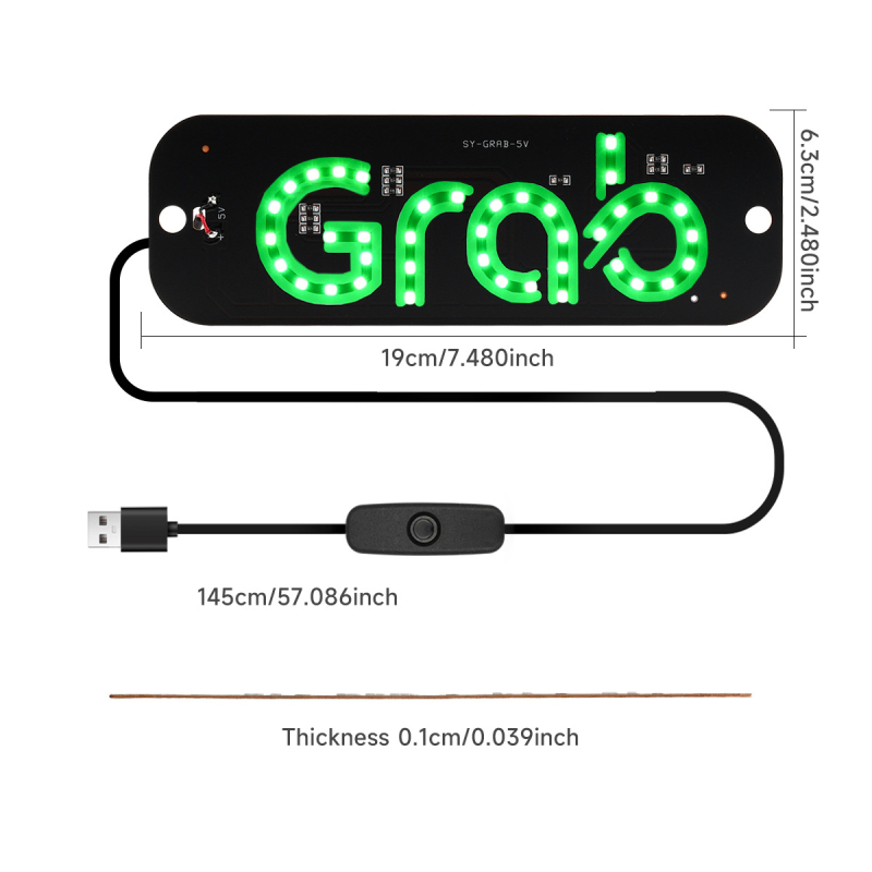 Grab taxi LED pločica za registarsku pločicu — ABS+LED, 5V, 3W, pričvršćivanje vakuumskim držačem, prednji unutarnji prostor