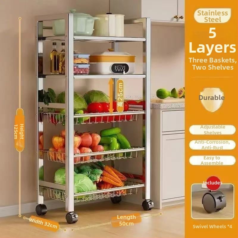 6-razinski podni kuhinjski stalak za pohranu, višefunkcionalan, pomičan, za posuđe i grickalice