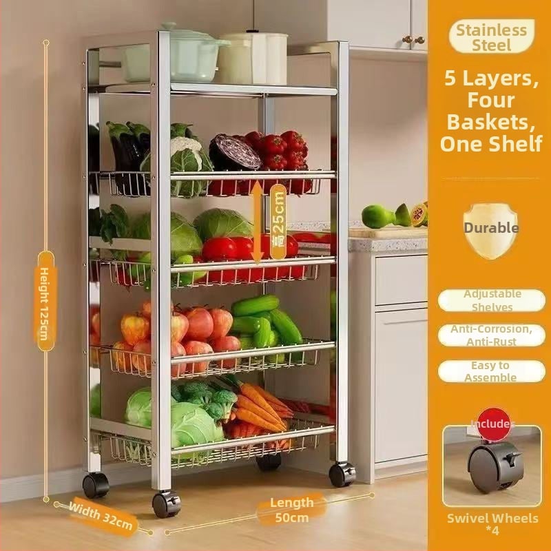 6-razinski podni kuhinjski stalak za pohranu, višefunkcionalan, pomičan, za posuđe i grickalice