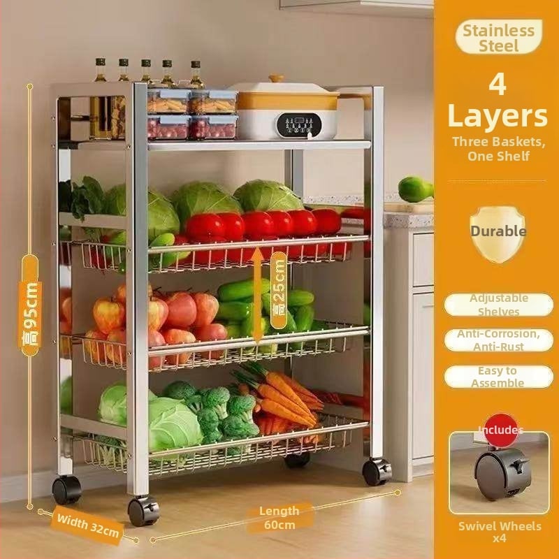 6-razinski podni kuhinjski stalak za pohranu, višefunkcionalan, pomičan, za posuđe i grickalice