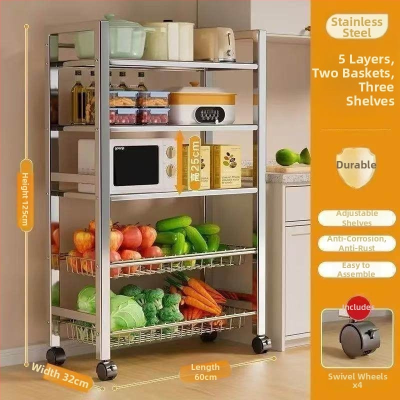 6-razinski podni kuhinjski stalak za pohranu, višefunkcionalan, pomičan, za posuđe i grickalice
