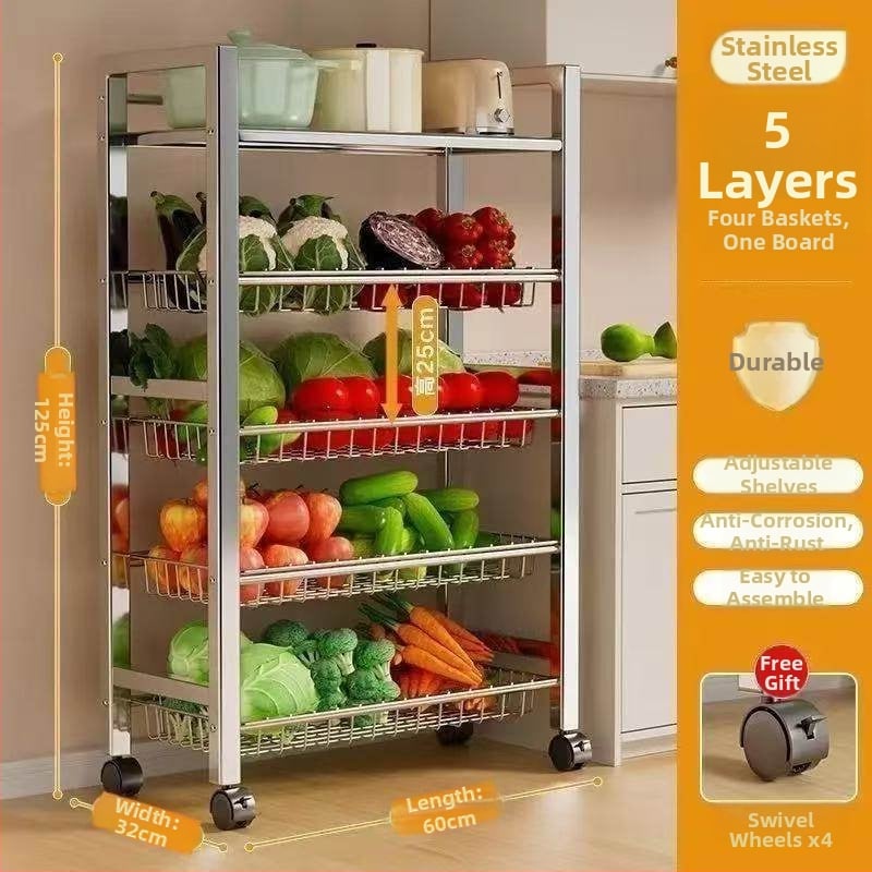 6-razinski podni kuhinjski stalak za pohranu, višefunkcionalan, pomičan, za posuđe i grickalice