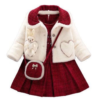 Dječji dvodijelni set: haljina s fleece podstavom, karirani uzorak, dugi rukavi, bez kapulje