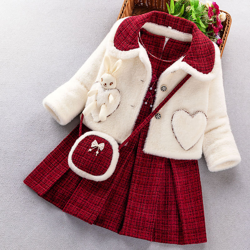 Dječji dvodijelni set: haljina s fleece podstavom, karirani uzorak, dugi rukavi, bez kapulje