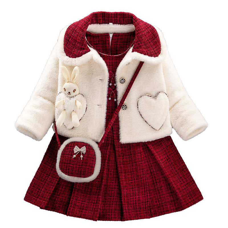 Dječji dvodijelni set: haljina s fleece podstavom, karirani uzorak, dugi rukavi, bez kapulje