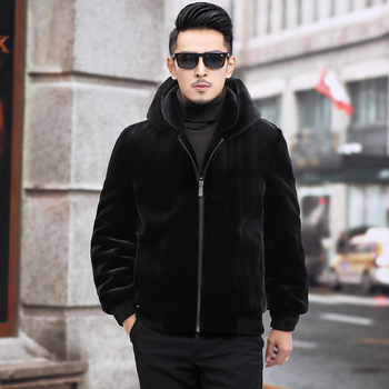 PU kožna jakna, uski kroj, umjetna norka, izuzetno dugačka, s kapuljom i reverom, muška vanjska jakna