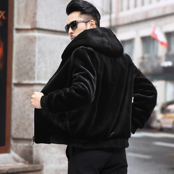 PU kožna jakna, uski kroj, umjetna norka, izuzetno dugačka, s kapuljom i reverom, muška vanjska jakna