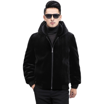 PU kožna jakna, uski kroj, umjetna norka, izuzetno dugačka, s kapuljom i reverom, muška vanjska jakna