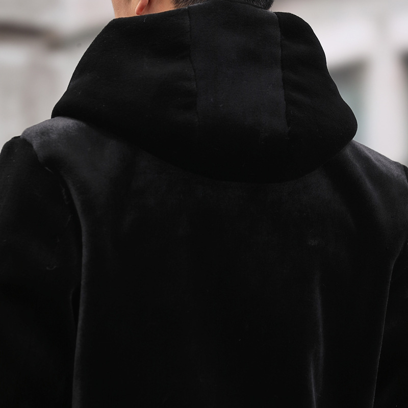 PU kožna jakna, uski kroj, umjetna norka, izuzetno dugačka, s kapuljom i reverom, muška vanjska jakna