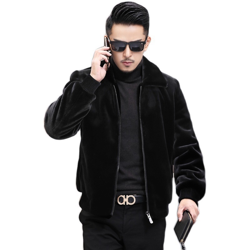 PU kožna jakna, uski kroj, umjetna norka, izuzetno dugačka, s kapuljom i reverom, muška vanjska jakna