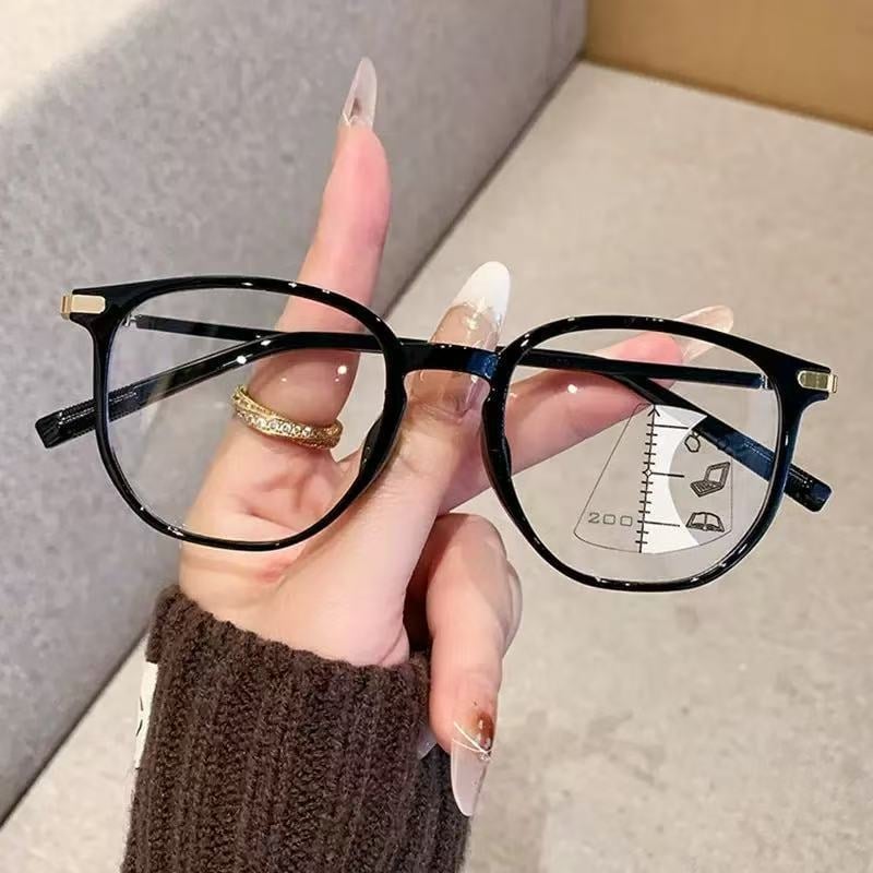 Olvasó szemüveg multifokális lencsékkel és kékfény-szűrővel, távolság- és közeli használathoz, teljes keret, műanyag és fém