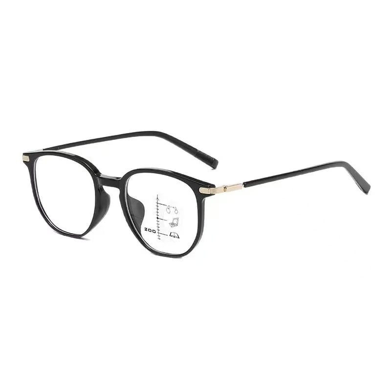 Olvasó szemüveg multifokális lencsékkel és kékfény-szűrővel, távolság- és közeli használathoz, teljes keret, műanyag és fém