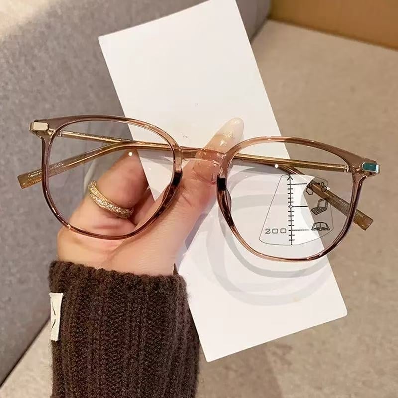 Olvasó szemüveg multifokális lencsékkel és kékfény-szűrővel, távolság- és közeli használathoz, teljes keret, műanyag és fém